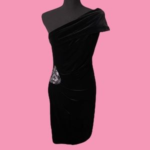 Xscape Women’s Little Black Dress: One Shoulder Velvet Dress w/ Side Detail